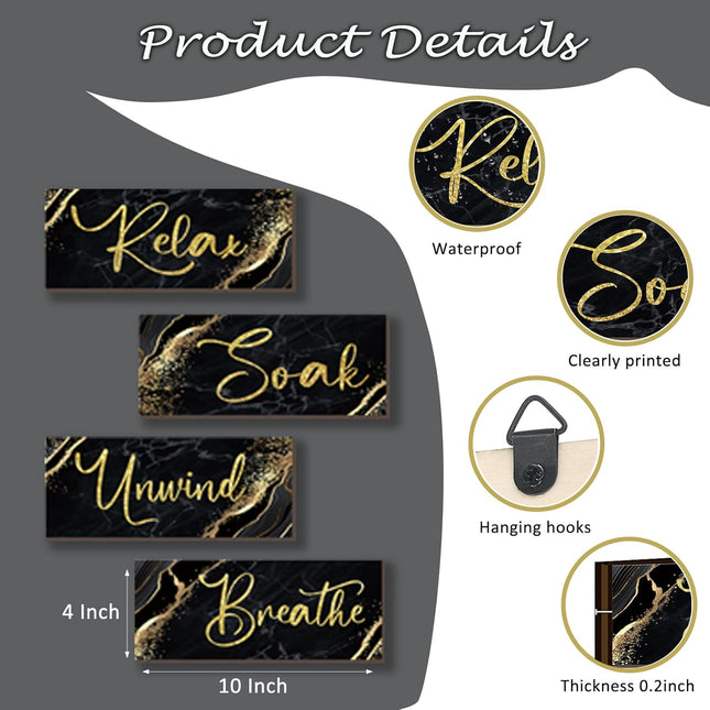 4 Pcs Black Gold Bathroom Wall Decor Wood Rustic Relax Soak Unwind Breathe