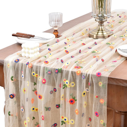 10ft Champagne Floral Daisy Table Runner, Embroidered Wildflower Tulle Decor
