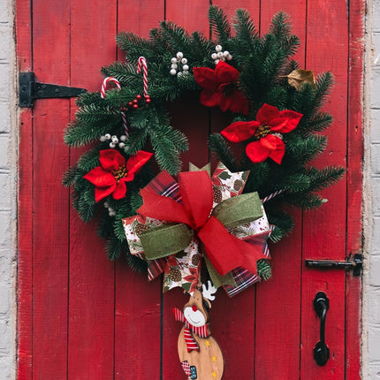 Red Green Christmas Wreath Bow 9x9in – Linen Farmhouse Bow with Pinecone