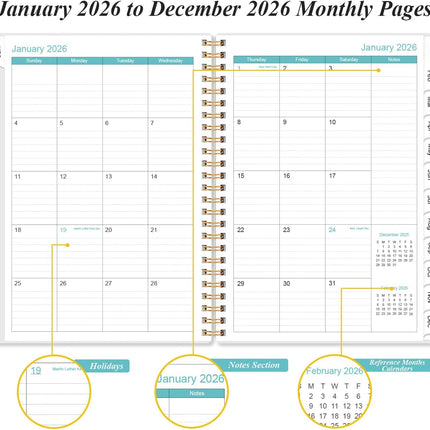2026 A5 Weekly Monthly Planner Spiral Bound Jan–Dec Flexible Cover Tabs Rose Leaf