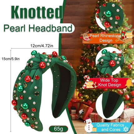 Christmas Headband Women Pearl Knotted Hairband Red & Green Rhinestone Crystal Jewels