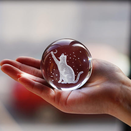 60mm 3D Cat Crystal Ball – Laser Etched Moon & Stars, Paperweight Decor