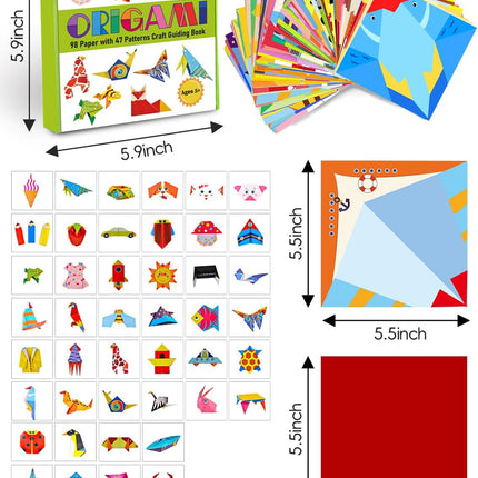 98-Piece Origami Kit for Kids, 47 Patterns, 49-Page Guide, DIY Craft Ages 5+