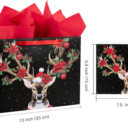 Christmas Gift Bags 13" | Reindeer & Poinsettia Paper Bags with Tissue & Card