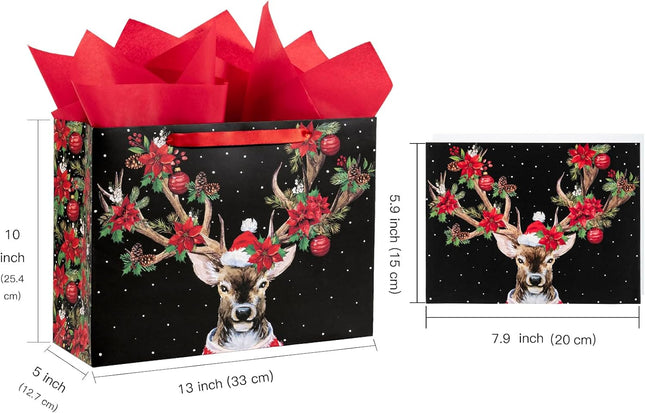 Christmas Gift Bags 13" | Reindeer & Poinsettia Paper Bags with Tissue & Card