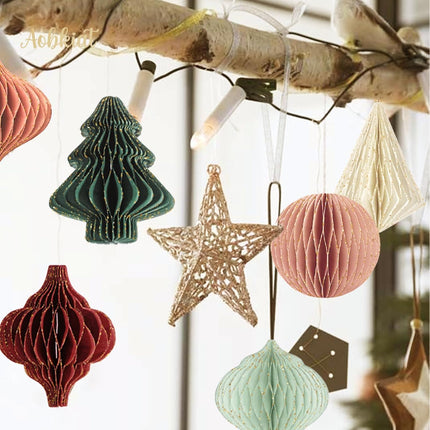 6PCS Mini 3D Glitter Paper Ornaments – Red & Green Xmas Tree Decorations