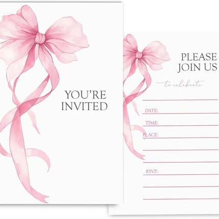 30 Pink Bow Birthday Invitations for Girls, Coquette Party Invites with Envelopes