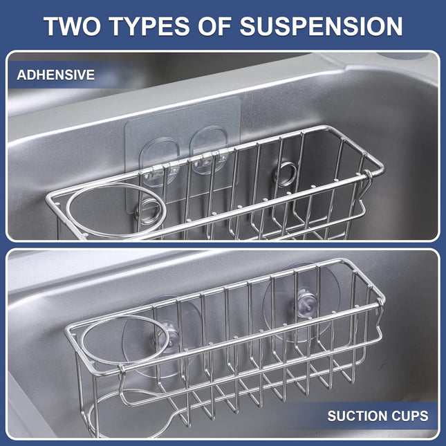 3-in-1 Kitchen Sink Sponge Holder – Suction & Wall-Mount, Stainless Steel