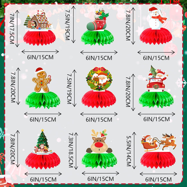 9-Piece Christmas Honeycomb Centerpieces, Santa Claus & Snowman Red/Green Holiday Decor