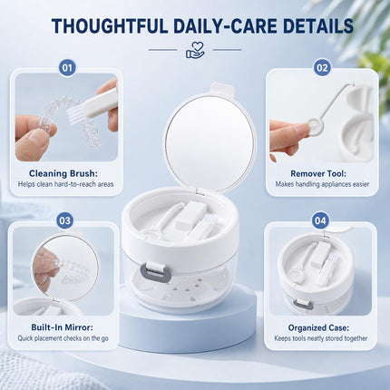 3-in-1 Denture & Retainer Cleaning Case, Large Capacity Bath Box with Mirror, Brush & Tool, Pink