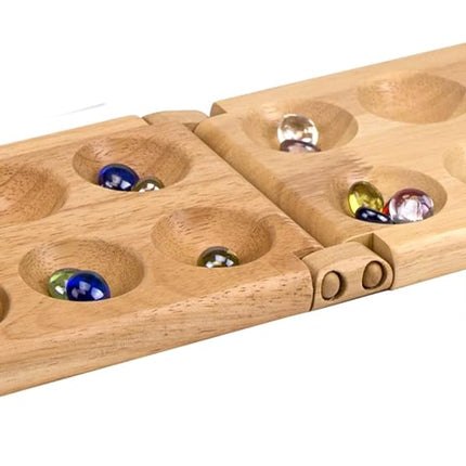 Classic Mancala Board Game Wooden Hinged Board 48 Glass Stones 2 Player