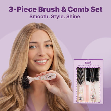 3-Piece Hairbrush Set – Boar Bristle, Volume Brush & Rat-Tail Comb, Floral