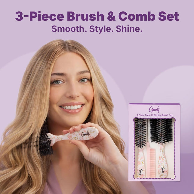 3-Piece Hairbrush Set – Boar Bristle, Volume Brush & Rat-Tail Comb, Floral