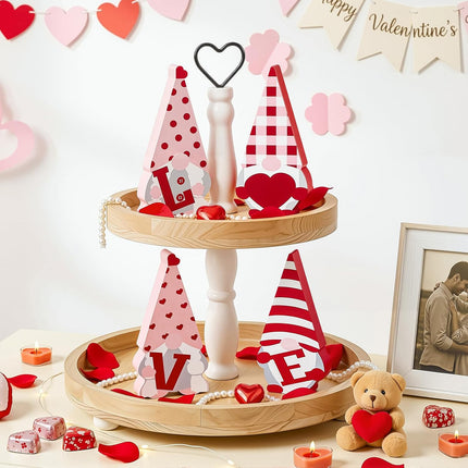 Valentine’s Day Wooden Gnome Sign Set: 4 Pcs Red & Pink Tiered Tray Decor