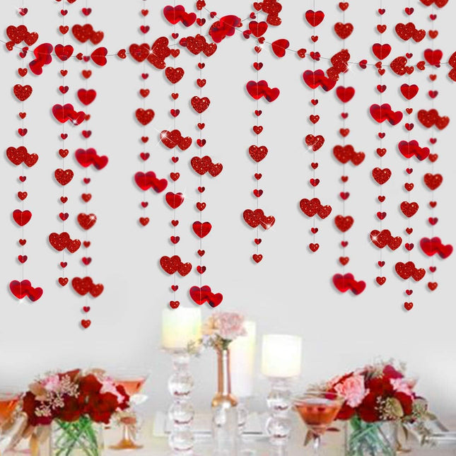 52Ft Valentine’s Day Heart Garland: Metallic Glitter Hanging Streamer Banner for Parties