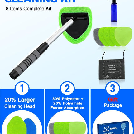 Windshield Cleaning Tool with Handle, Microfiber Pads for Car & Home Glass