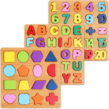 3-Pack Preschool Wooden Puzzles – Letters, Numbers & Shapes for Ages 3-5