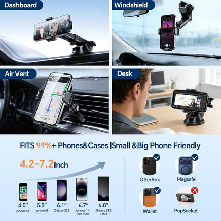 2-Pack MagSafe Car Phone Holder, Adjustable Suction Mount for iPhone & Android, 4-in-1