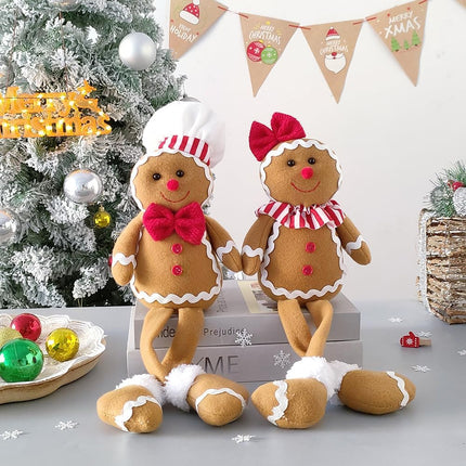 Christmas Plush Gingerbread Figures Boy & Girl with Chef Hat, Bowknot Ornaments Home