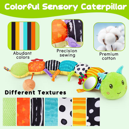 Baby Sensory Toys 0-6 Months, Musical Plush Caterpillar with Mirror & Rattle