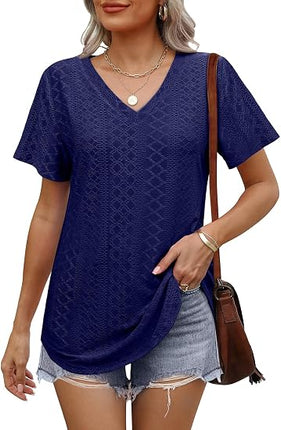 Women’s V Neck T Shirts Short Sleeve Casual Loose Fit Curved Hem Basic Tee