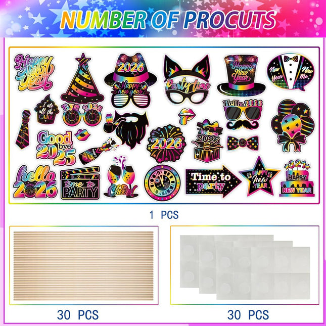 Happy New Year 2026 Party Props – 30-Pc Glitter Selfie Photo Booth Set