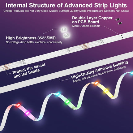 100FT LED Strip Lights, 960 LEDs RGB Music Sync, App & Remote Control, Dimmable
