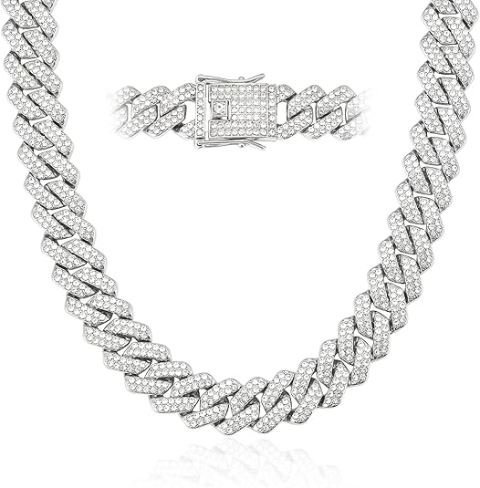 Mens Cuban Link Chain – 18K Gold & Silver, Diamond-Cut, 14mm Iced Out Hip Hop Jewelry