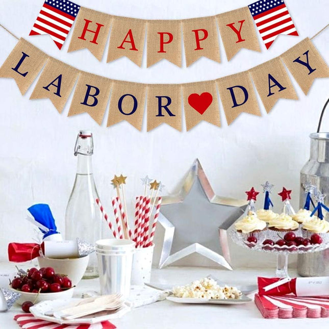 Burlap Happy Labor Day Banner Garland Mantel Fireplace Party Decoration