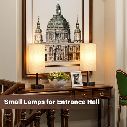 Set of 2 Bedside Table Lamps 14 Inch Pull Chain AC Outlet 3 Colour Temperatures