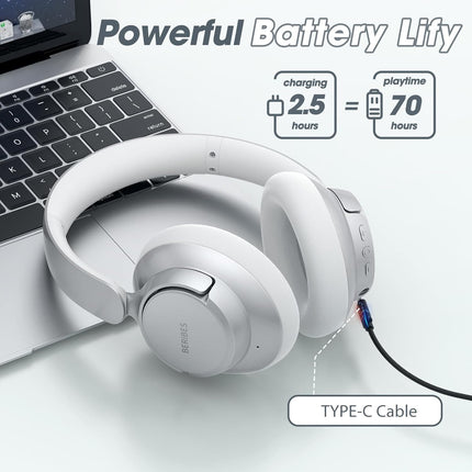 Wireless ANC Bluetooth Headphones 70H Playtime Deep Bass Silver Headset