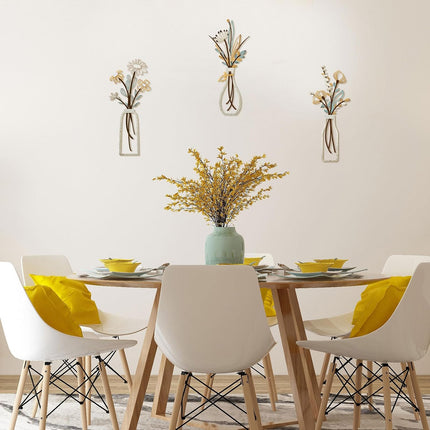 3Pcs Metal Flower Wall Art, Rustic Farmhouse Minimalist Decor, Beige Vase Set