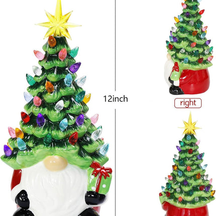 12” Lighted Gnome Ceramic Tree 46 Multicolor Lights, Tabletop Christmas Decor
