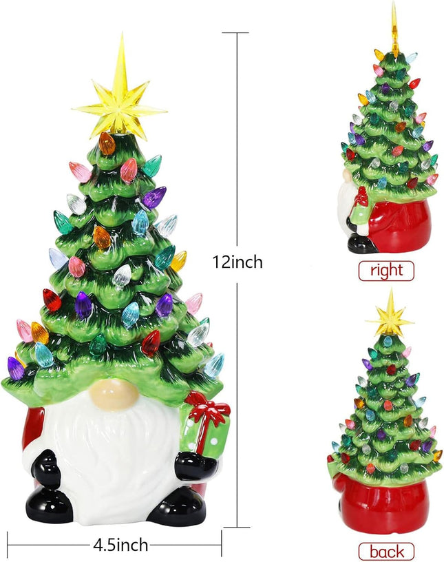 12” Lighted Gnome Ceramic Tree 46 Multicolor Lights, Tabletop Christmas Decor
