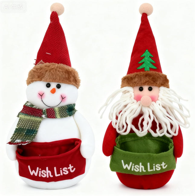 Christmas Doll with Wish List Bag Santa and Snowman Plush 8.27 Inch Decor