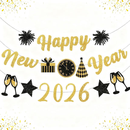 Happy New Year 2026 Glitter Banner – Gold & Black NYE Party Decor