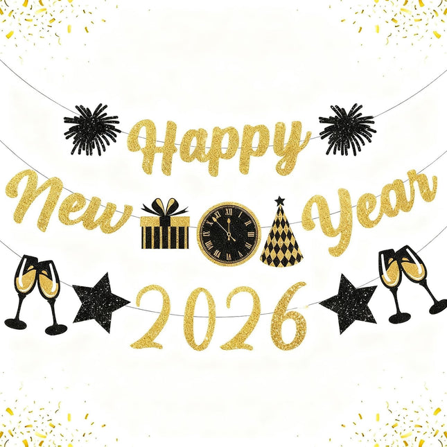 Happy New Year 2026 Glitter Banner – Gold & Black NYE Party Decor