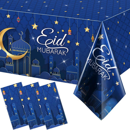 3-Piece Eid Mubarak Tablecloth Set Blue 54x108" Ramadan Party Decor