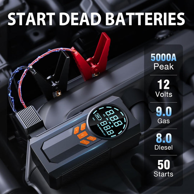 5000A Jump Starter with Air Compressor – 160PSI, Smart Cables, LED Light, LCD Display