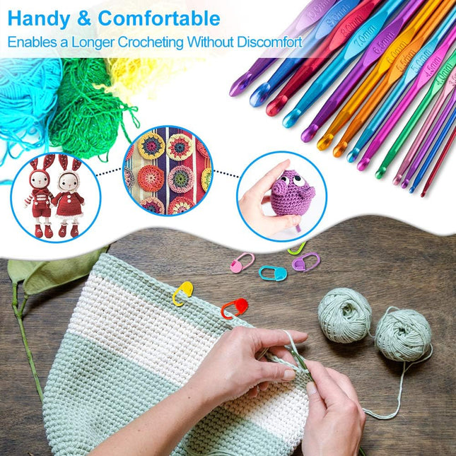 14-Size Crochet Hook Set 2.0–10.0mm – Colorful Ergonomic Metal Needles