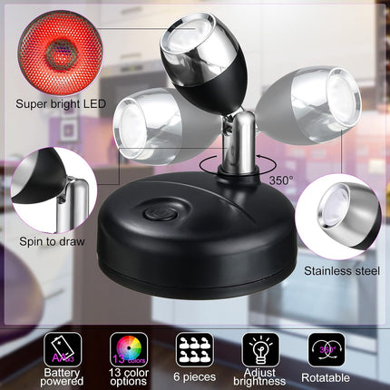 6 Pack Battery LED Wireless Spotlights, RGB 13 Colors, Dimmable Rotatable Lights, Remote