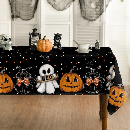 Halloween Tablecloth 60x84in, Jack-O-Lantern Cat Ghost Washable Party Table Cover