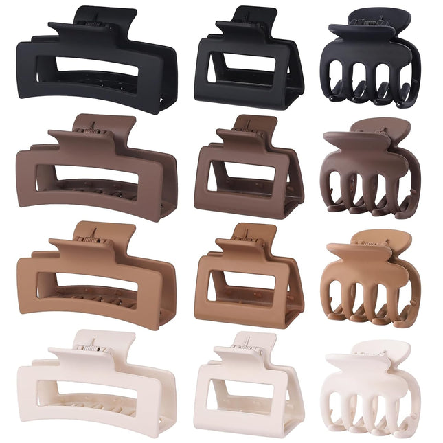 12PCS Hair Claw Clips for Women Small Medium Large Strong Hold Brown Set