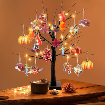 24" LED Thanksgiving Table Tree with Wooden Ornaments Harvest Home Office Decor