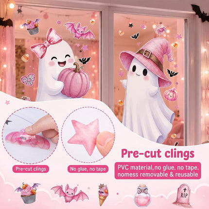 2-Sheet 3.3FT Pink Halloween Ghost Window Clings, Bat Cat Pumpkin Decals