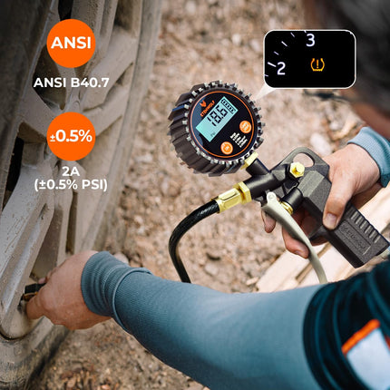 T500 Digital Tire Pressure Gauge with Inflator – 0-250 PSI, Calibrated to ANSI B40.7 Grade 2A