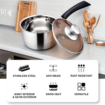 1QT Stainless Steel Saucepan with Lid, Induction Ready, Stay-Cool Handle