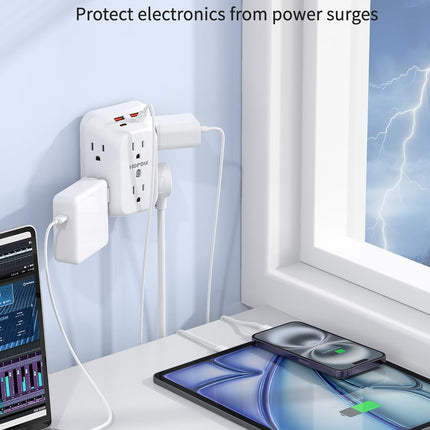 3-Sided 6-Outlet Extender with 4 USB Ports (2 USB-C), Surge Protector, White