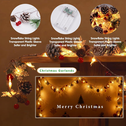 10Ft Christmas Garland Lights 30 LED Warm White String Lights, Pinecone & Red Berries