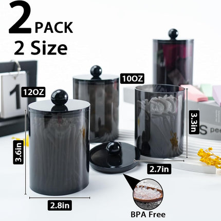 2-Pack Q-Tip Holders – Black Bathroom Jars for Cotton Swabs & Pads, 10-12oz